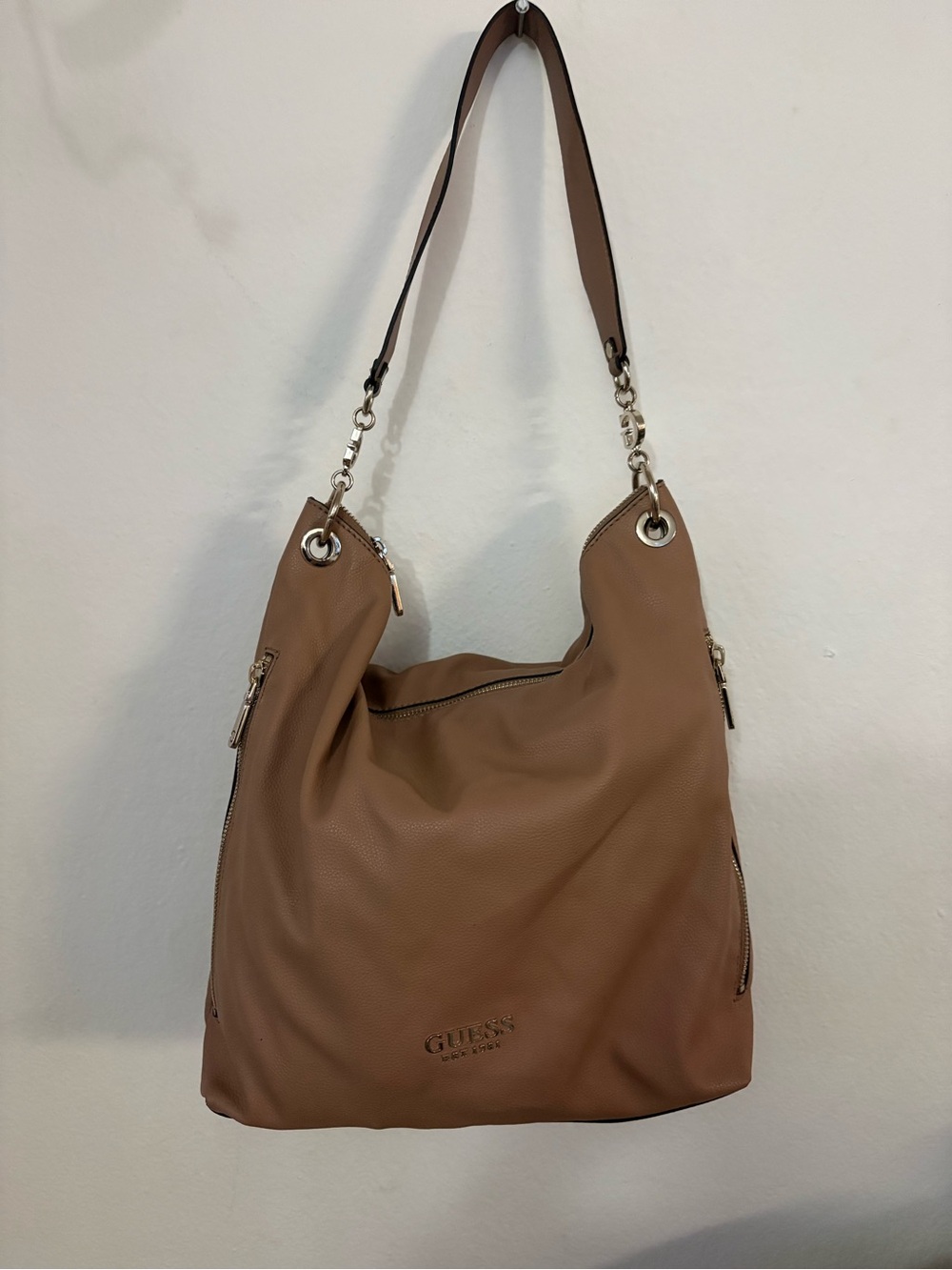 Guess Tan Pebbled Shoulder Hobo Bag with Silver Hardware